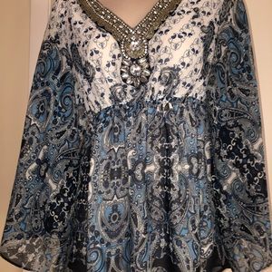 Blue & White Embellished, Wide, Long Sleeve Top